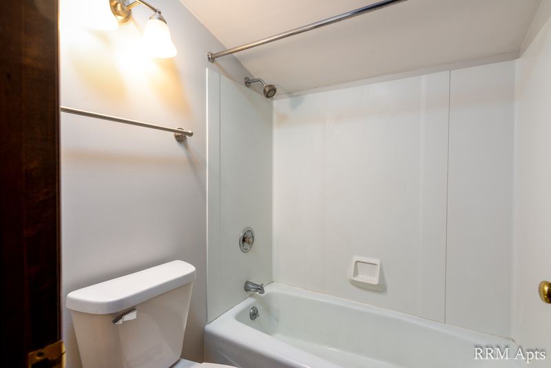Bathroom with white tub and white surround, toilet and a light bar over the mirror, 4th and Broadway apartment 2C