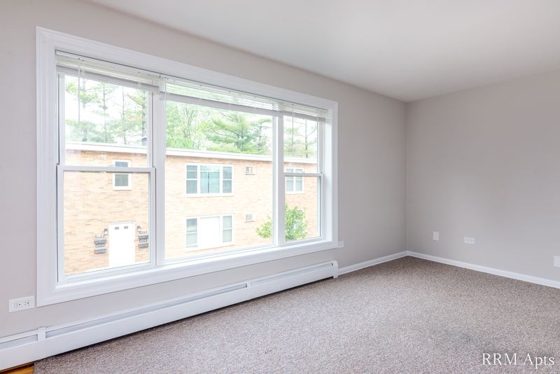 Carpeted living room with a wide window, brick building and trees outside, and radiator, Austin Avenue apartment 118B