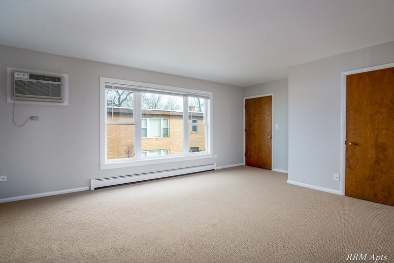 Carpeted living room with wide window, wall air conditioner and two wood doors, Austin Avenue apartment 122 B