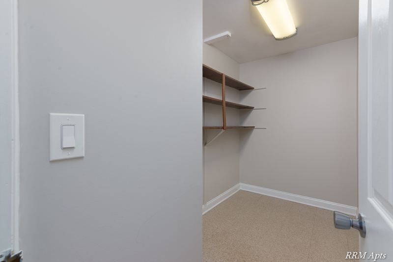 Walk-in storage closet with wood shelves, Cook Street apartment 6