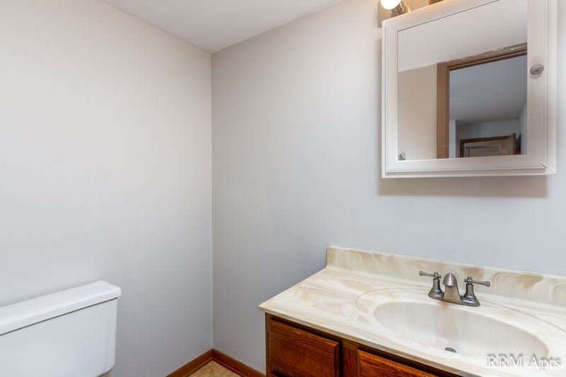 Bathroom with marble-look vanity on wood cabinet, toilet and a mirrored medicine cabinet, Depot Road apartment 1