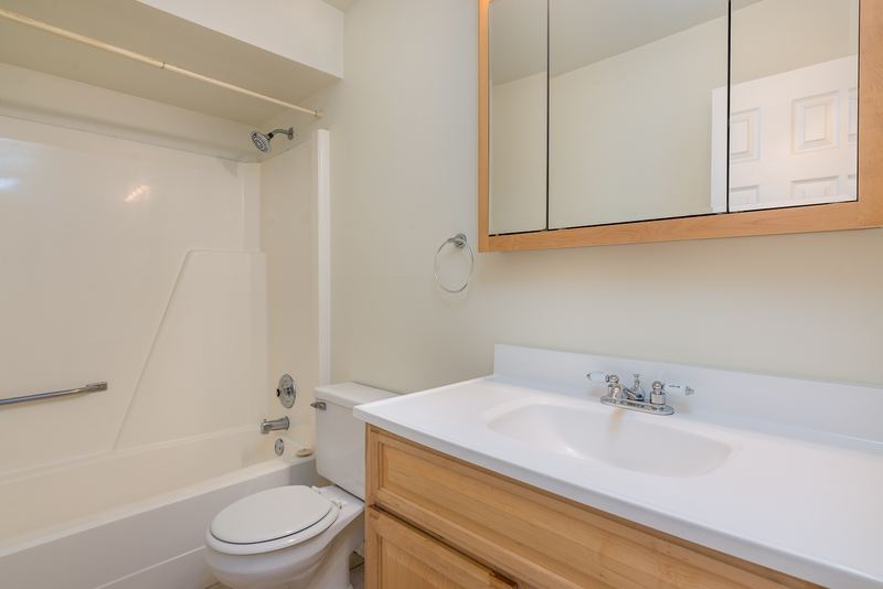 Bathroom with white tub and surround, toilet, white vanity on wood cabinet and a medicine cabinet, Depot Road apartment 2