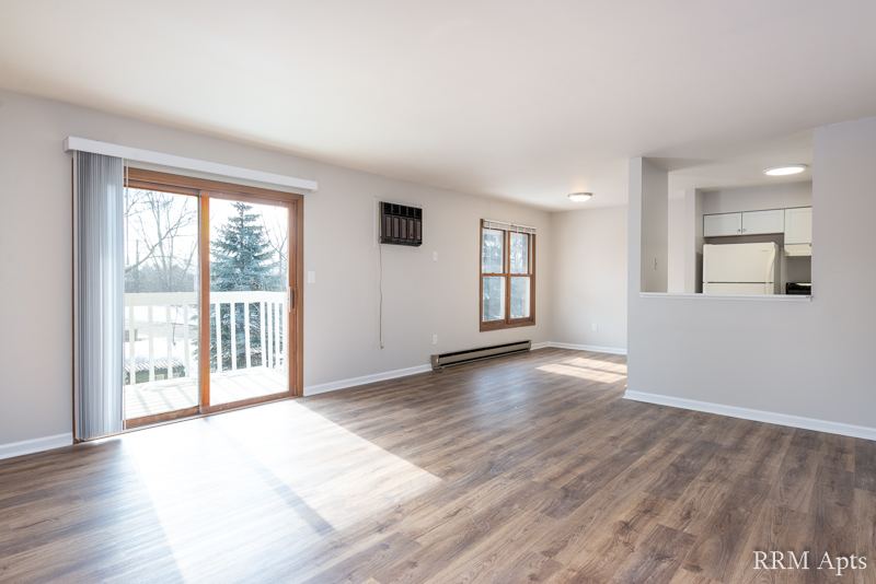 Living room with wood-look floor, sliding door to a balcony and pass-through to the kitchen, Depot Road apartment 3