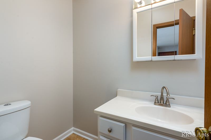 Bathroom with white vanity and mirrored medicine cabinet, Depot Road apartment 3