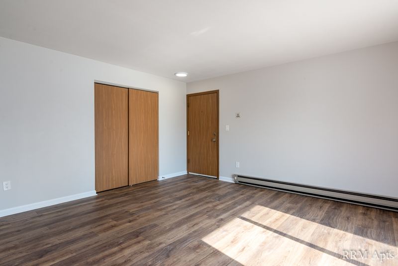 Living room with wood-look floor, front door and a wood-door closet, Depot Road apartment 3