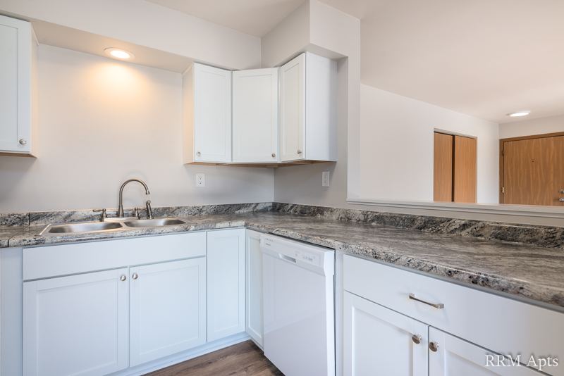 Kitchen with white cabinets, double sink, dishwasher and pass-through to the living room, Depot Road apartment 3