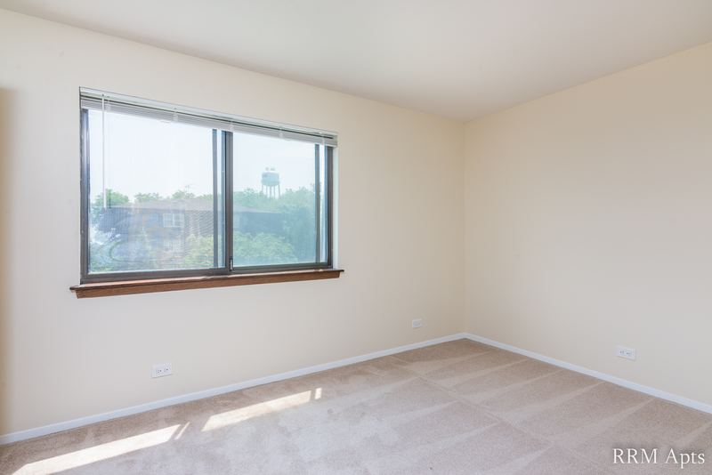 Carpeted bedroom with a wide wood-trimmed window looking out at trees, John Mogg apartment 32985 301