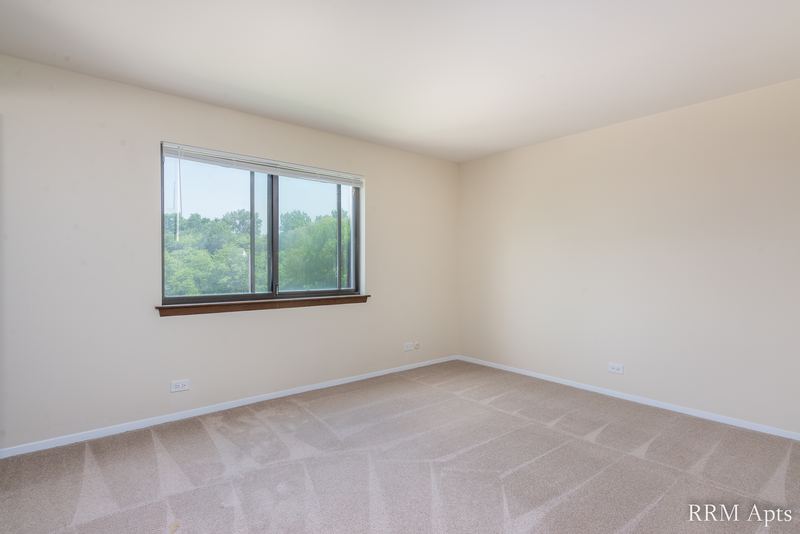 Carpeted bedroom with cream walls and one wood-trimmed window looking at treetops, John Mogg apartment 32985 301
