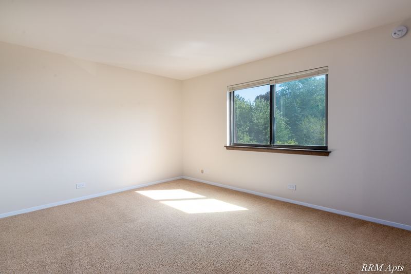 Bedroom with beige carpet and a corner window with trees outside, sunlight on the floor, John Mogg apartment 32985 302