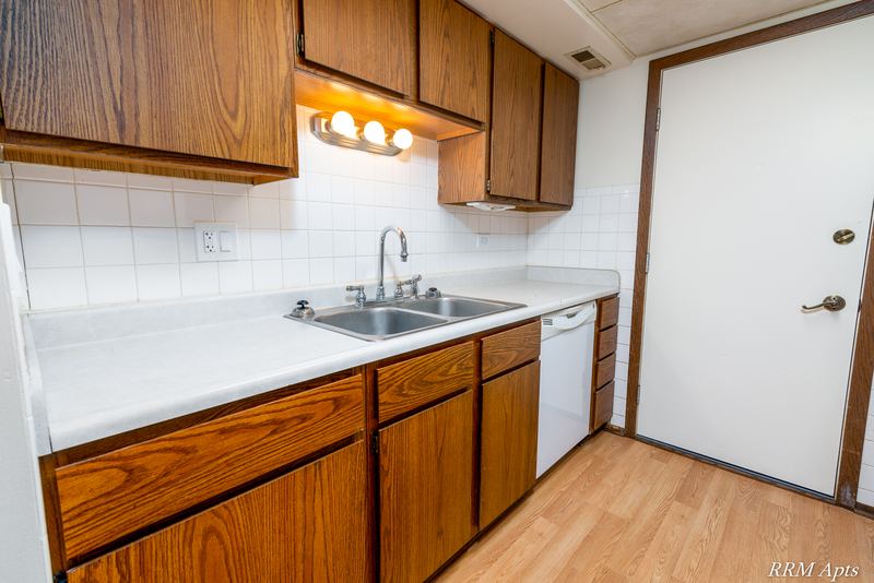 Kitchen with wood cabinets, stainless sink, white dishwasher and white tile backsplash, John Mogg apartment 32985 304 N
