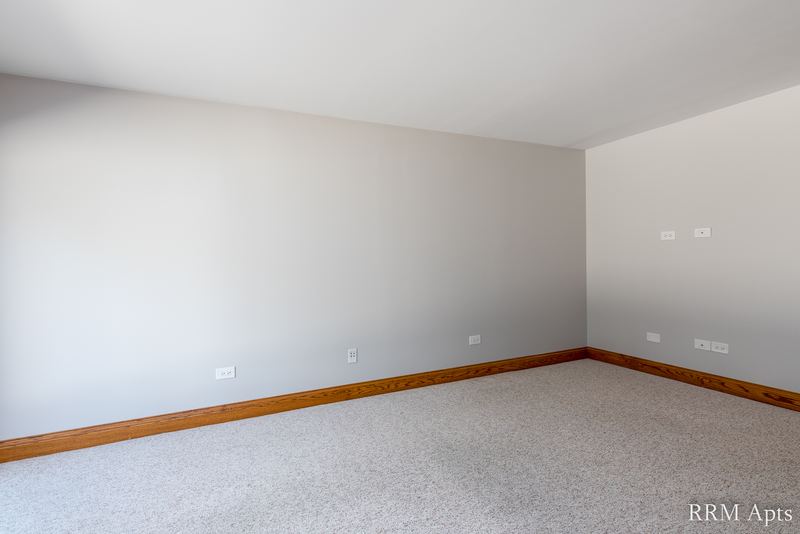 Empty room with beige carpet, gray walls and wood baseboard trim, Maple Avenue apartment 101