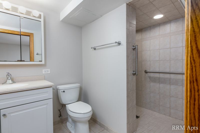 Bathroom with white vanity, medicine cabinet, walk-in tile shower with grab bars and toilet, Maple Avenue apartment 101