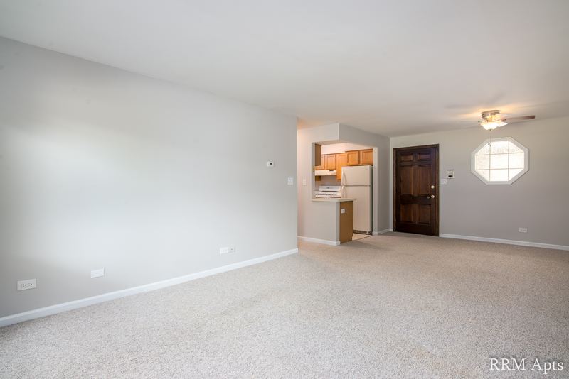 Living room with beige carpet, open to the kitchen and an entry door with octagon window, Maple Avenue apartment 1B