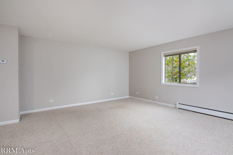 Living room with beige carpet, gray walls, a single window and baseboard heat, Maple Avenue apartment 1E