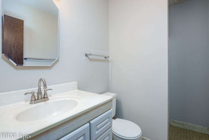 Bathroom with white vanity, wood medicine cabinet, towel bar and toilet, Maple Avenue apartment 1E