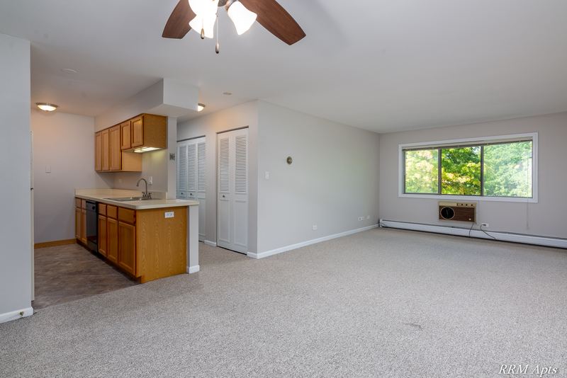 Living room with beige carpet, ceiling fan, wall air conditioner and kitchen with wood cabinets, Maple Avenue apartment 2C