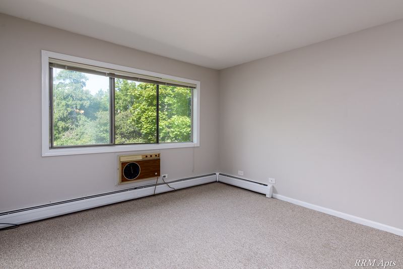 Living room with beige carpet, a window with trees outside and a wall air conditioner, Maple Avenue apartment 2C