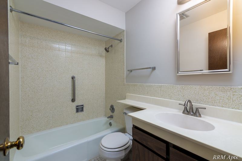 Bathroom with beige tile tub surround, dark wood vanity, mirrored medicine cabinet and grab bar, Maple Avenue apartment 2C