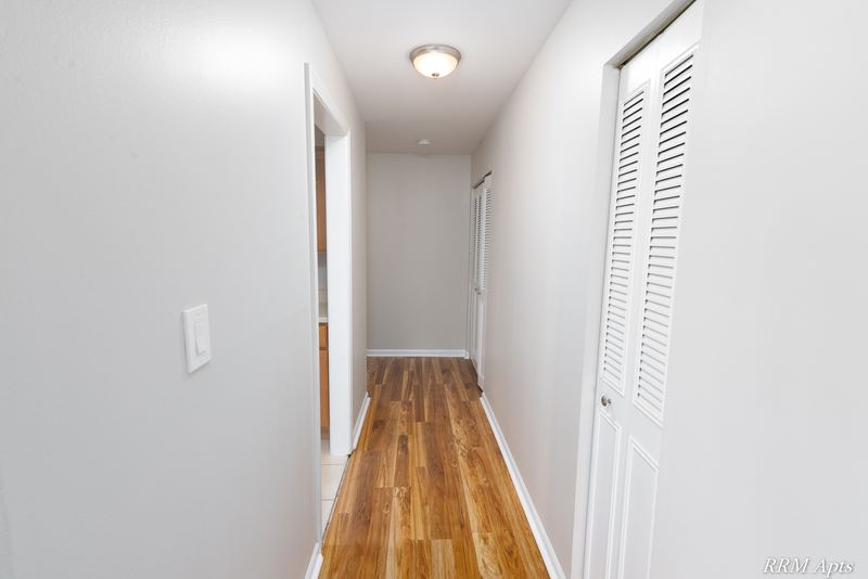 Hallway with wood laminate floor, white louvered closet doors and flush ceiling lights, Maple Avenue apartment 2D