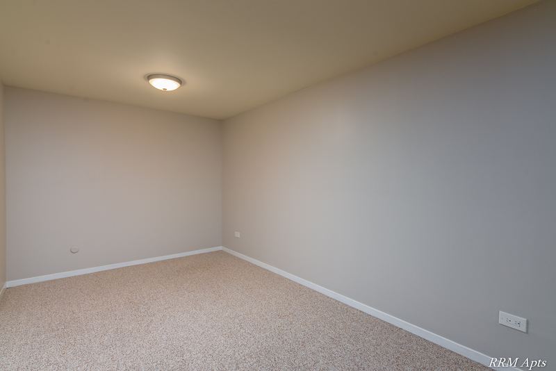 Empty room with beige carpet, gray walls and a flush ceiling light, Maple Avenue apartment LL1