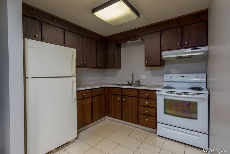 Kitchen with dark wood cabinets, white refrigerator, electric stove and fluorescent light, Maple Avenue apartment LL1