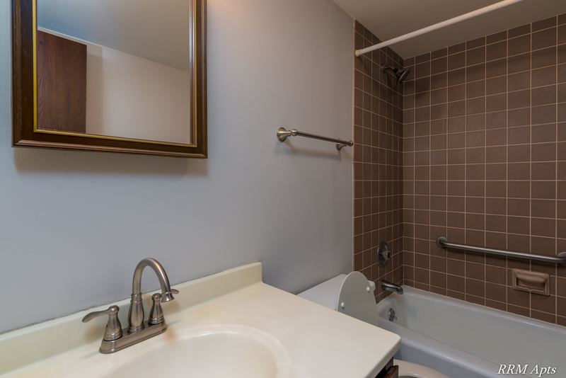 Bathroom with brown tile tub surround, white vanity, wood-framed mirror and grab bar, Maple Avenue apartment LL1