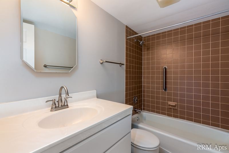 Bathroom with brown tile tub surround, white vanity, mirror and grab bar, Maple Avenue apartment LL2
