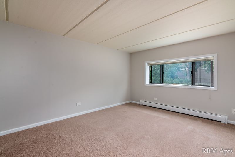 Bedroom with beige carpet, gray walls, a window and baseboard heat, Maple Avenue apartment LL2