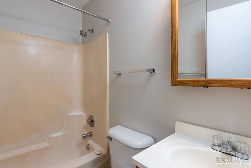 Bathroom with one-piece tub and shower, toilet and mirrored medicine cabinet, Oriole Court apartment 1F