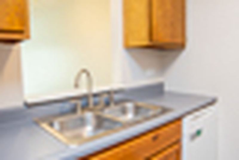 Kitchen with wood cabinets, stainless sink, gray counter and white dishwasher at the corner, Oriole Court apartment 2D