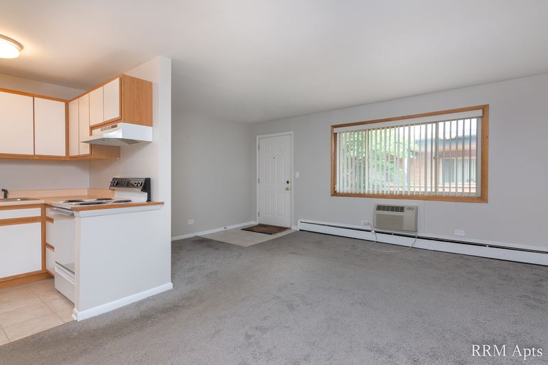 Living room with gray carpet, white kitchen cabinets, window and a wall air conditioner, Park Avenue apartment 603 205
