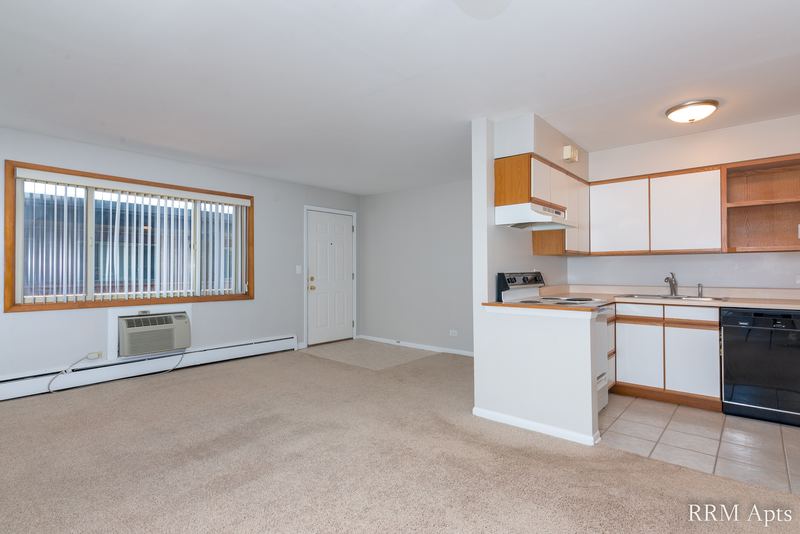 Living room with beige carpet, window blinds, wall air conditioner and an open kitchen, Park Avenue apartment 607 203