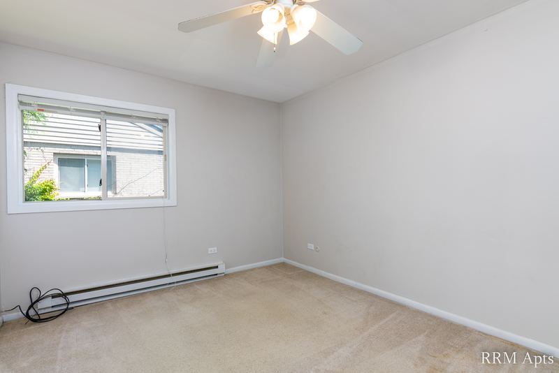 Bedroom with beige carpet, ceiling fan, gray walls and a window with a tree outside, Park West apartment 613 C