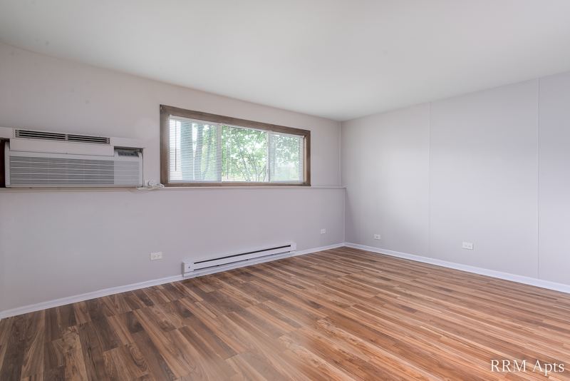 Living room with wood-look floor, wall air conditioner and a window with trees, Pioneer Court apartment 918 1B