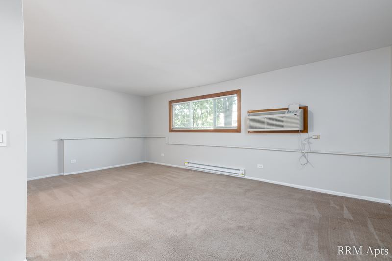 Living room with beige carpet, window onto trees, wall air conditioner and baseboard heater, Pioneer Court apartment 918-1E