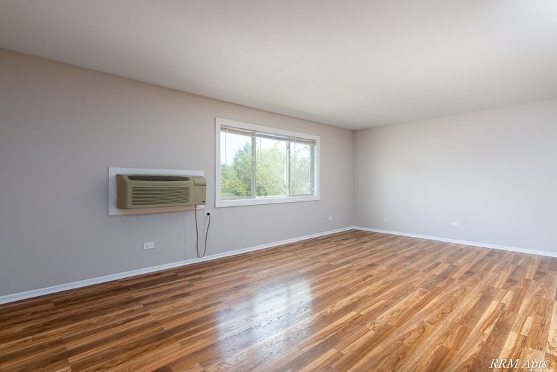 Living room with wood-look floor, wall air conditioner and an oak-trimmed window with trees, Pioneer Court apartment 918 3F