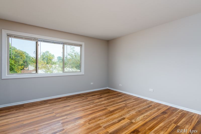 Empty room with wood-look floor, gray walls and a wide window with trees, Pioneer Court apartment 918 3F
