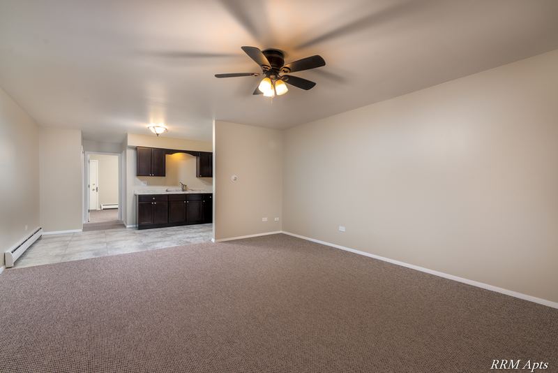 Living room with beige carpet, ceiling fan and an opening to a kitchen with dark cabinets, Pistakee Road apartment 1C