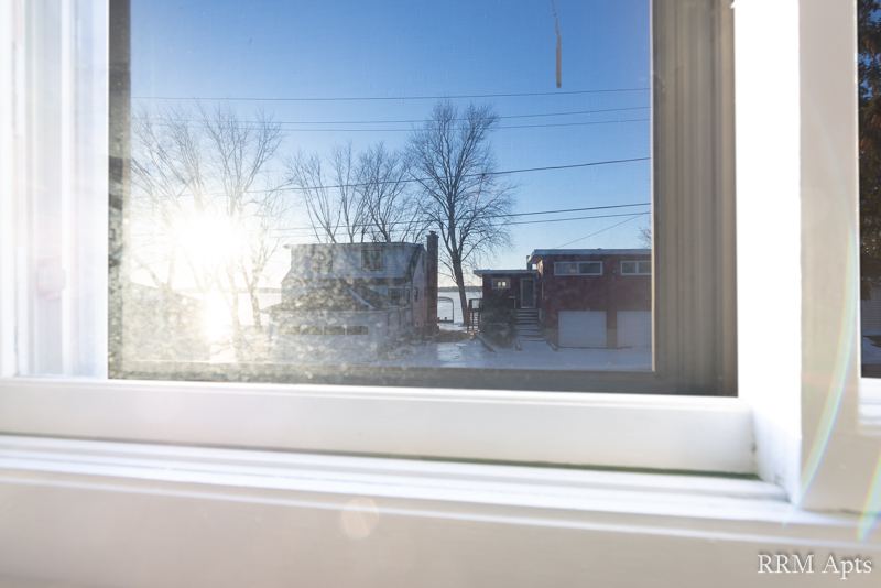View through a window toward neighboring homes and trees, Pistakee Road apartment 1D