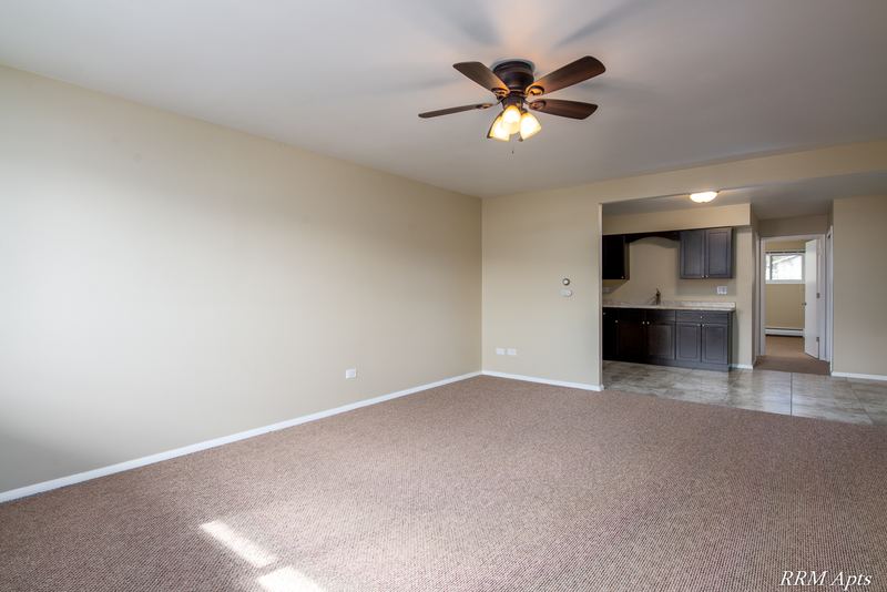 Living room with beige carpet, ceiling fan and a view into the dark-cabinet kitchen, Pistakee Road apartment 2B