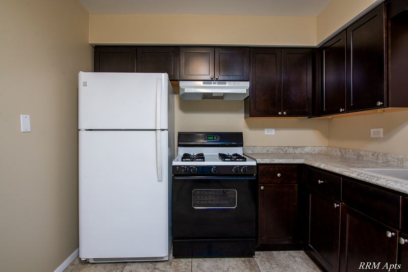 Kitchen corner with white refrigerator, black gas stove under a range hood and dark cabinets, Pistakee Road apartment 2B