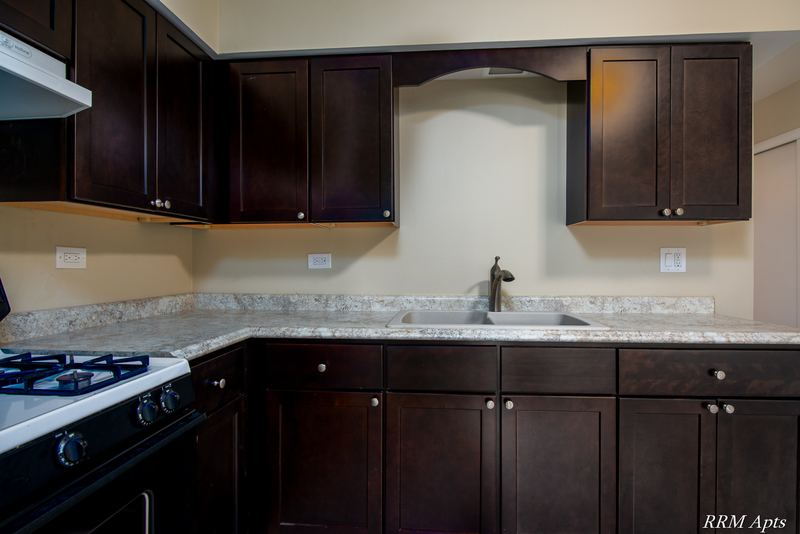 Kitchen with dark brown cabinets, sink, granite-look counter and a range hood, Pistakee Road apartment 2B