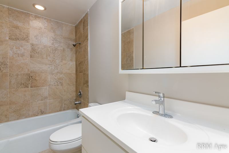 Bathroom with tan tile tub surround, toilet, dark vanity and a mirrored medicine cabinet, Pistakee Road apartment 2C
