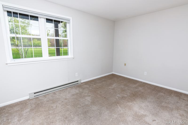 Empty room with beige carpet, window onto trees and lawn, and baseboard heater, Prairie Ridge apartment 9716 GA