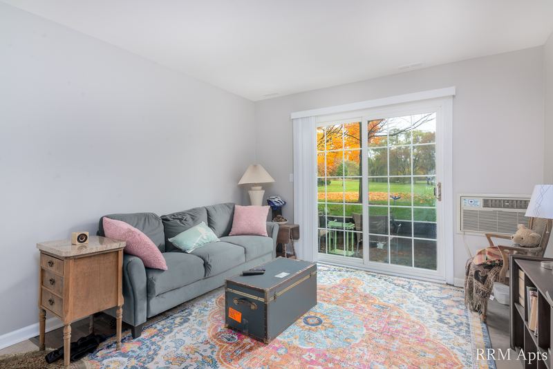 Living room with gray sofa, patterned rug and sliding glass door onto autumn trees, Prairie Ridge apartment 9718 GC