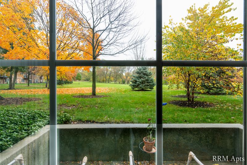 Window with a grid of panes looking out on autumn trees and a lawn, Prairie Ridge apartment 9718 GC