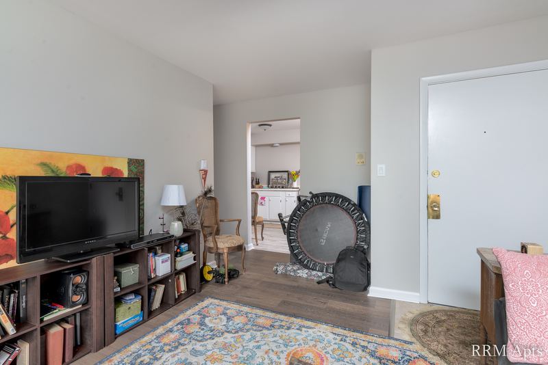 Living room with TV stand, patterned rug, entry door and a view into the kitchen, Prairie Ridge apartment 9718 GC