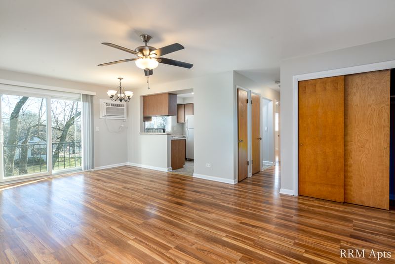Living room with wood floor, ceiling fan, sliding glass door and kitchen pass-through, Slusser Street apartment 6