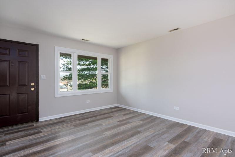Living room with gray wood-look flooring, dark front door and a large window, South Slusser apartment 4