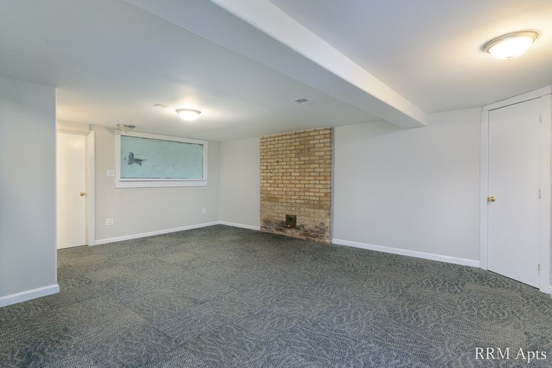 Basement room with gray carpet, brick chimney, small window and white doors, South Slusser apartment 430